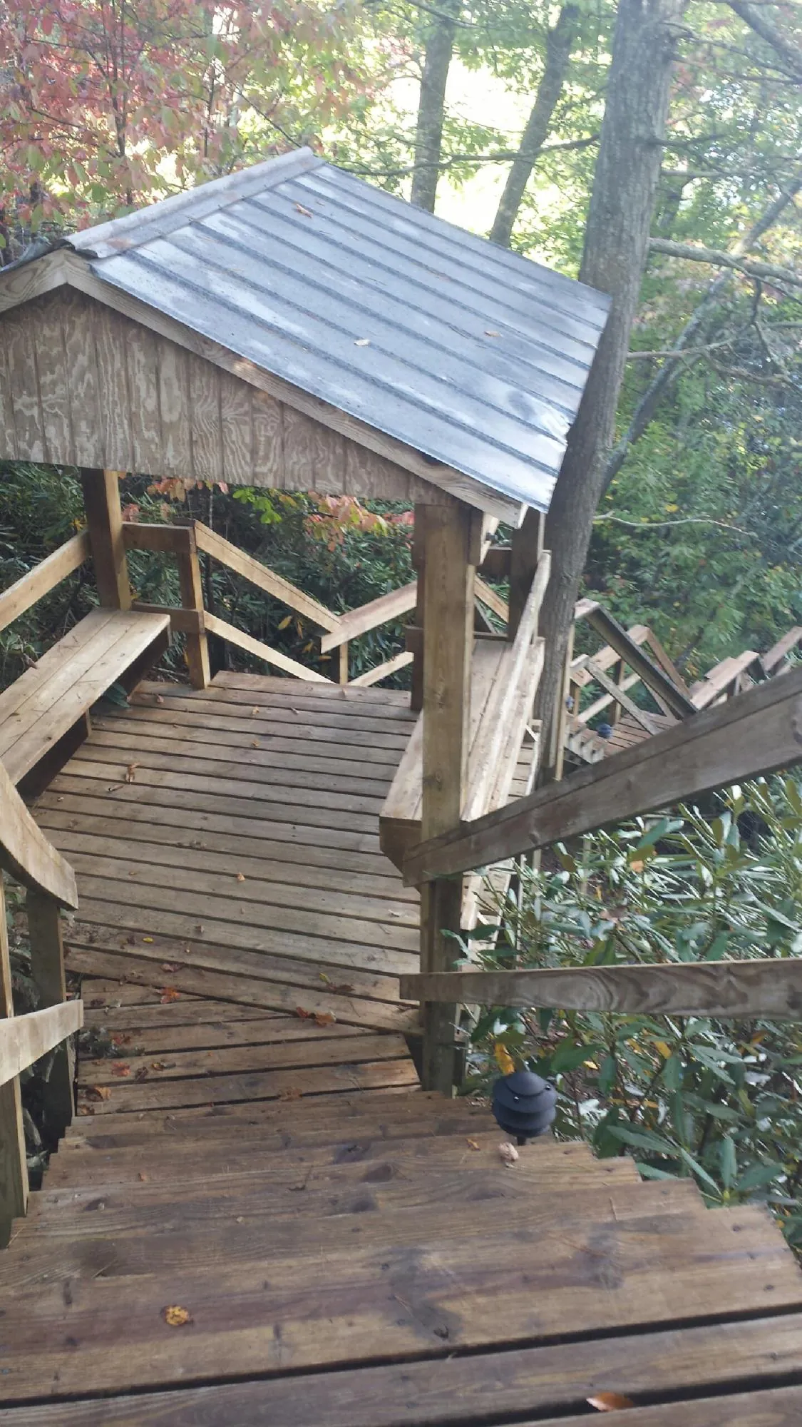 Metal roofed shelter over wooden steps on a wooded walkway — Skylight Repair & Installation work by our crew in Inkster